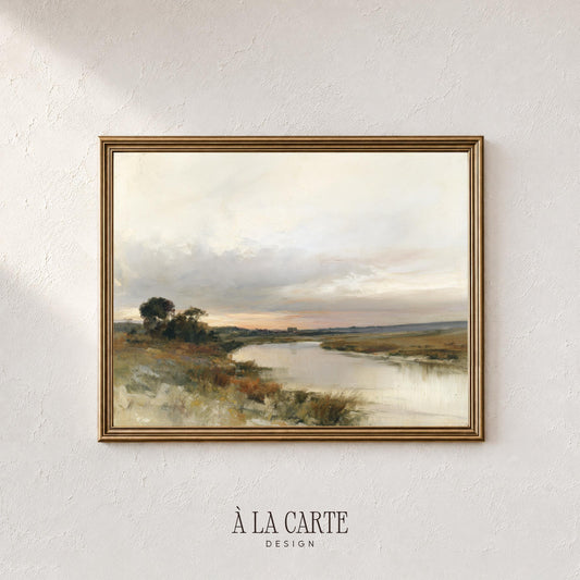 Peaceful countryside watercolor print for entryway — atmospheric marshland with pale peach accents and dreamy horizon