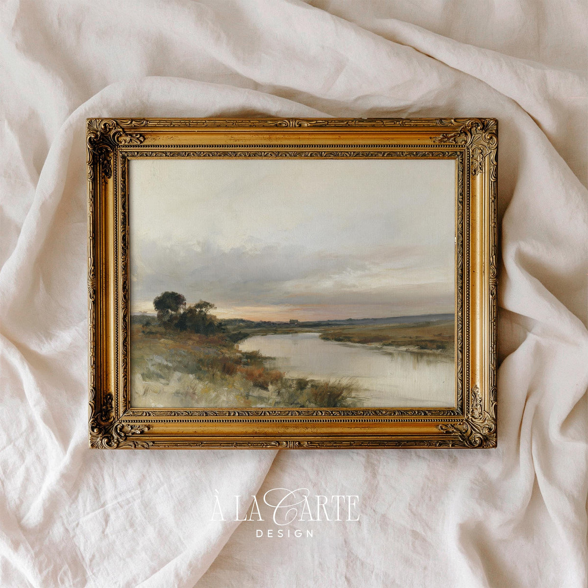 Tranquil waterway picture wall art for bedroom — vintage-style scene with soft autumn palette and distant trees