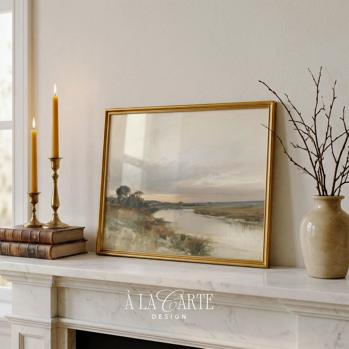 Dreamy waterway print art for farmhouse living room — vintage pastoral riverside with muted tones and hazy dusk light