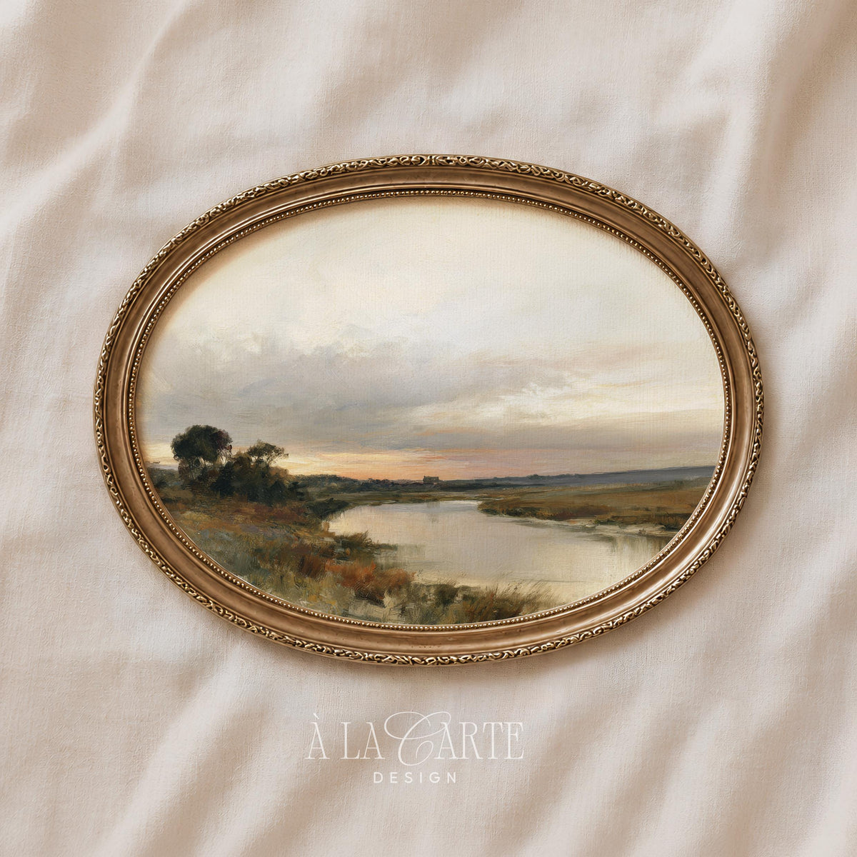 Riverside meadow digital print wall art for gallery wall — vintage pastoral landscape with muted earth-tone aesthetic
