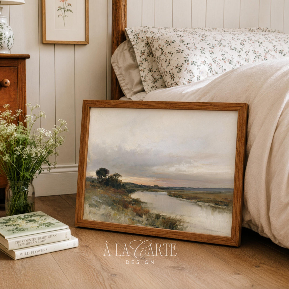 Moody wetland print printable art for bedroom — tranquil waterside landscape with nostalgic, rustic appeal