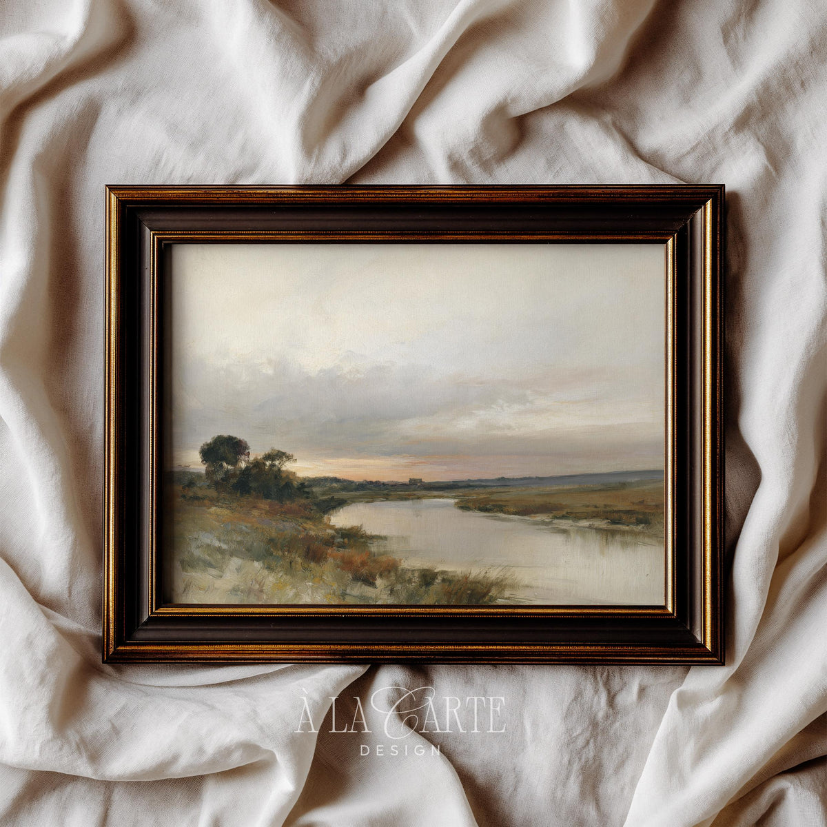 Rustic riverside landscape picture wall decor for office — serene autumn scene with soft color palette and distant fields