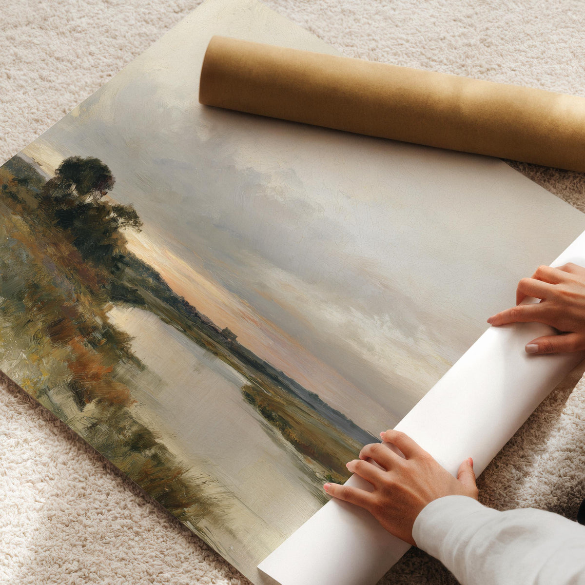 Tranquil marshland painting printable wall art — weathered riverside landscape with moody golden hour ambiance and wildflower details
