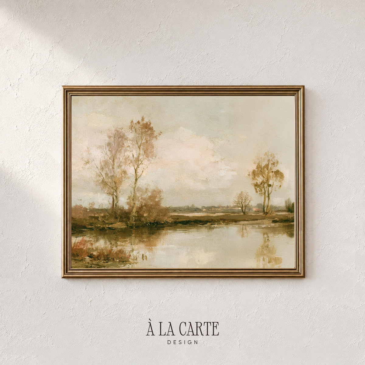 Peaceful autumn waterway artwork featuring bare branches, gentle reflections, and nostalgic rustic mood