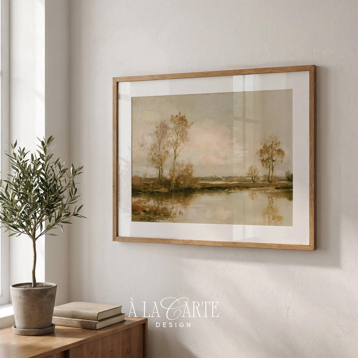 Serene autumn stream painting for gallery wall — textured vintage artwork with muted cream, amber, and brown tones