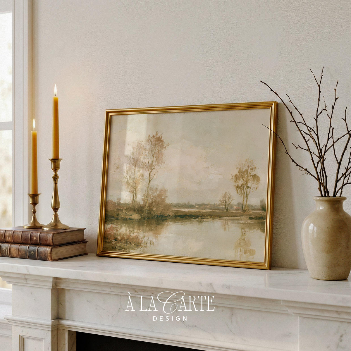 Bare woodland riverside poster with vintage aesthetic — pale sky, still water, and cozy autumn palette