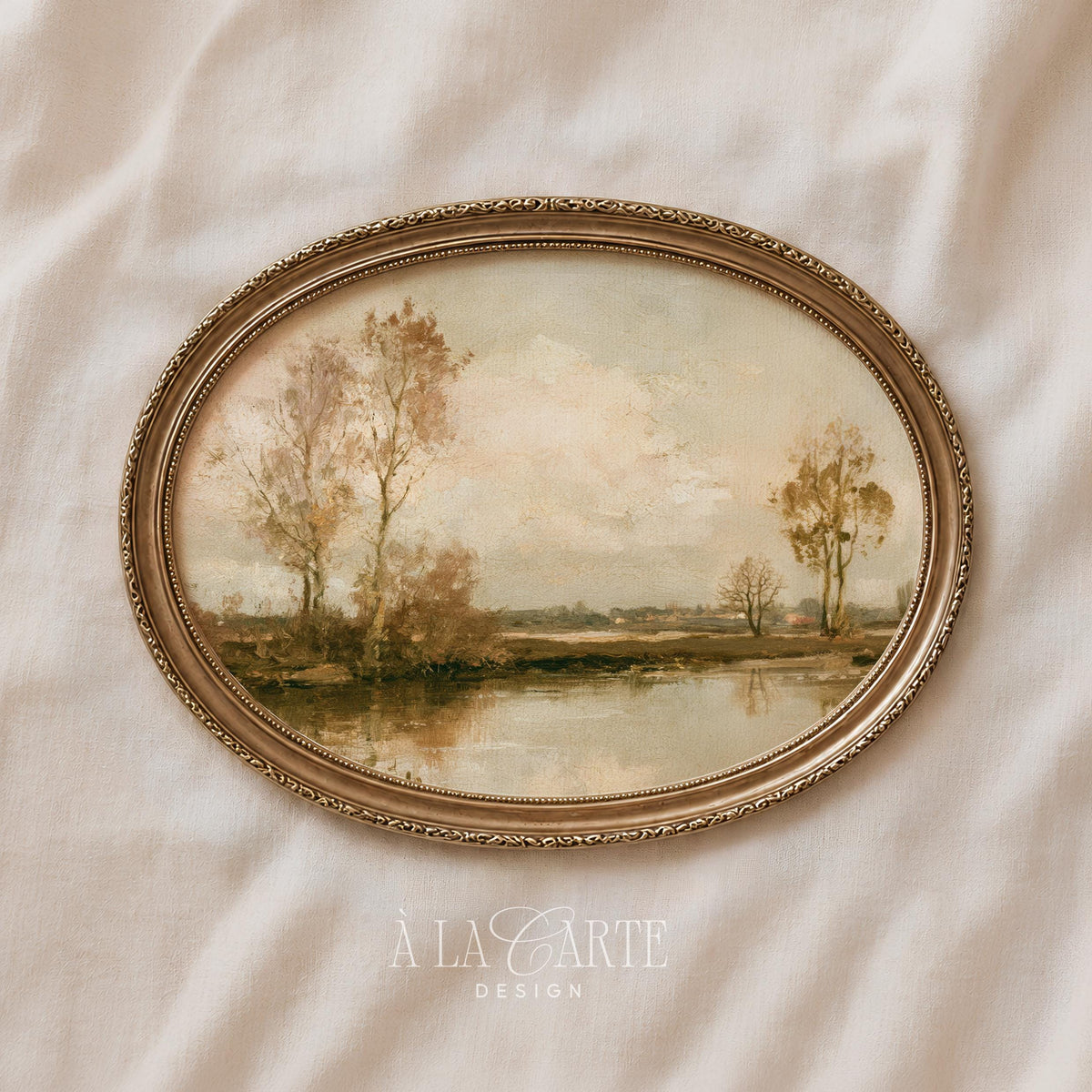 Serene landscape poster for farmhouse decor — distant fields, golden trees, and hazy atmospheric quality