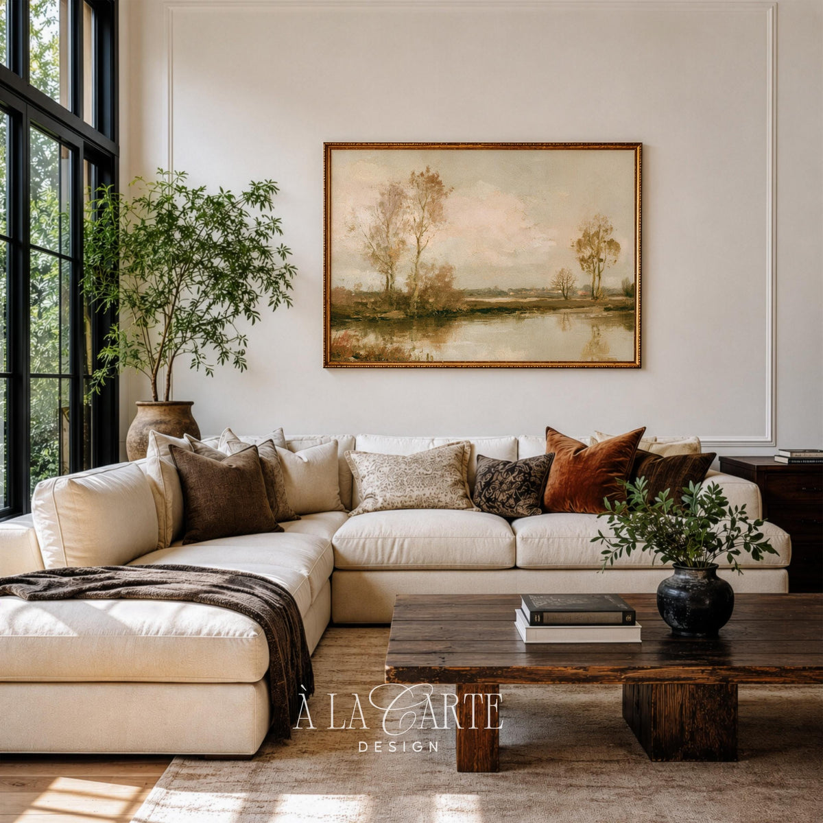 Golden-leaved fall landscape wall art print — atmospheric riverside scene with rustic cottage-style appeal