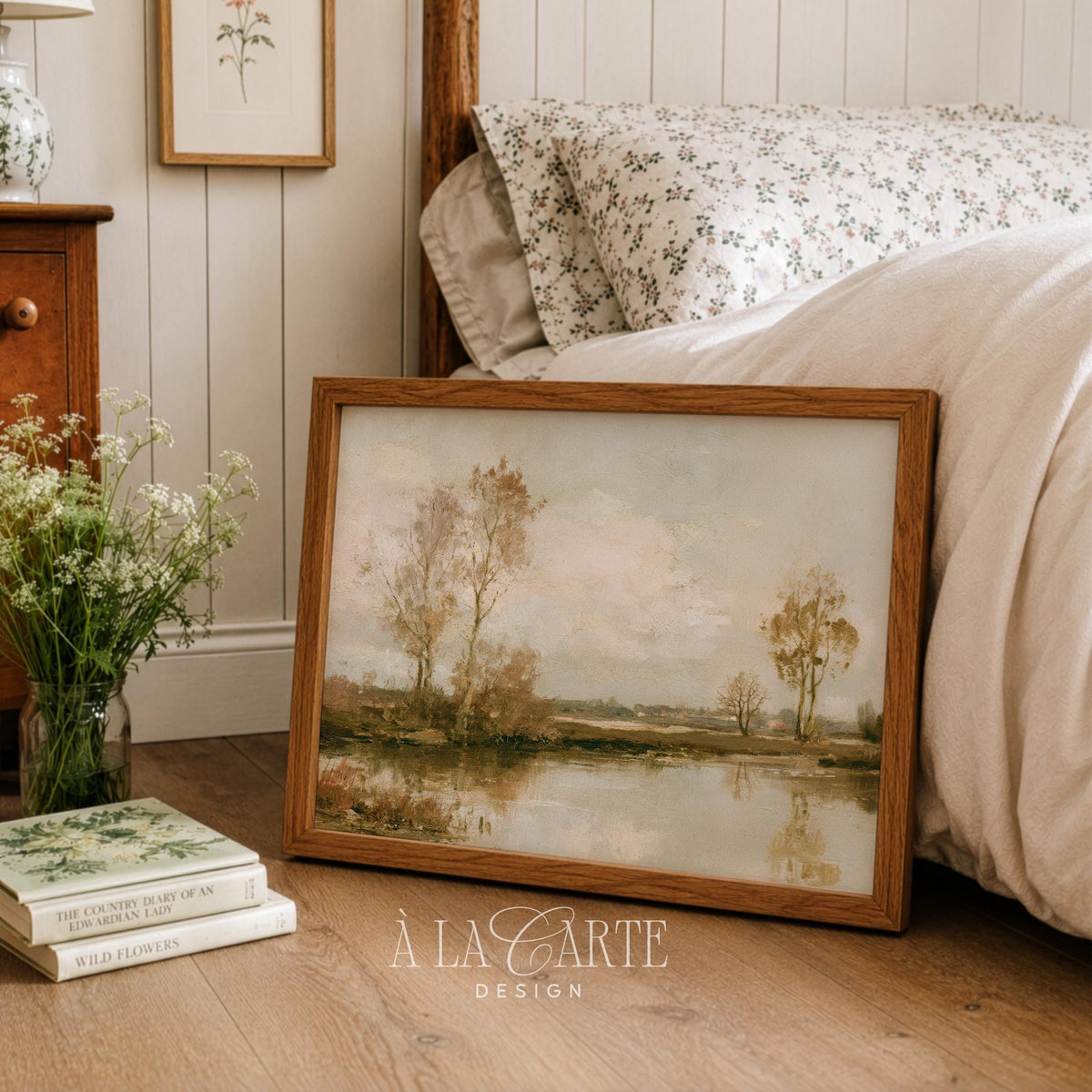 Countryside riverside digital print — vintage-style autumn scene with soft textures and muted earth tones