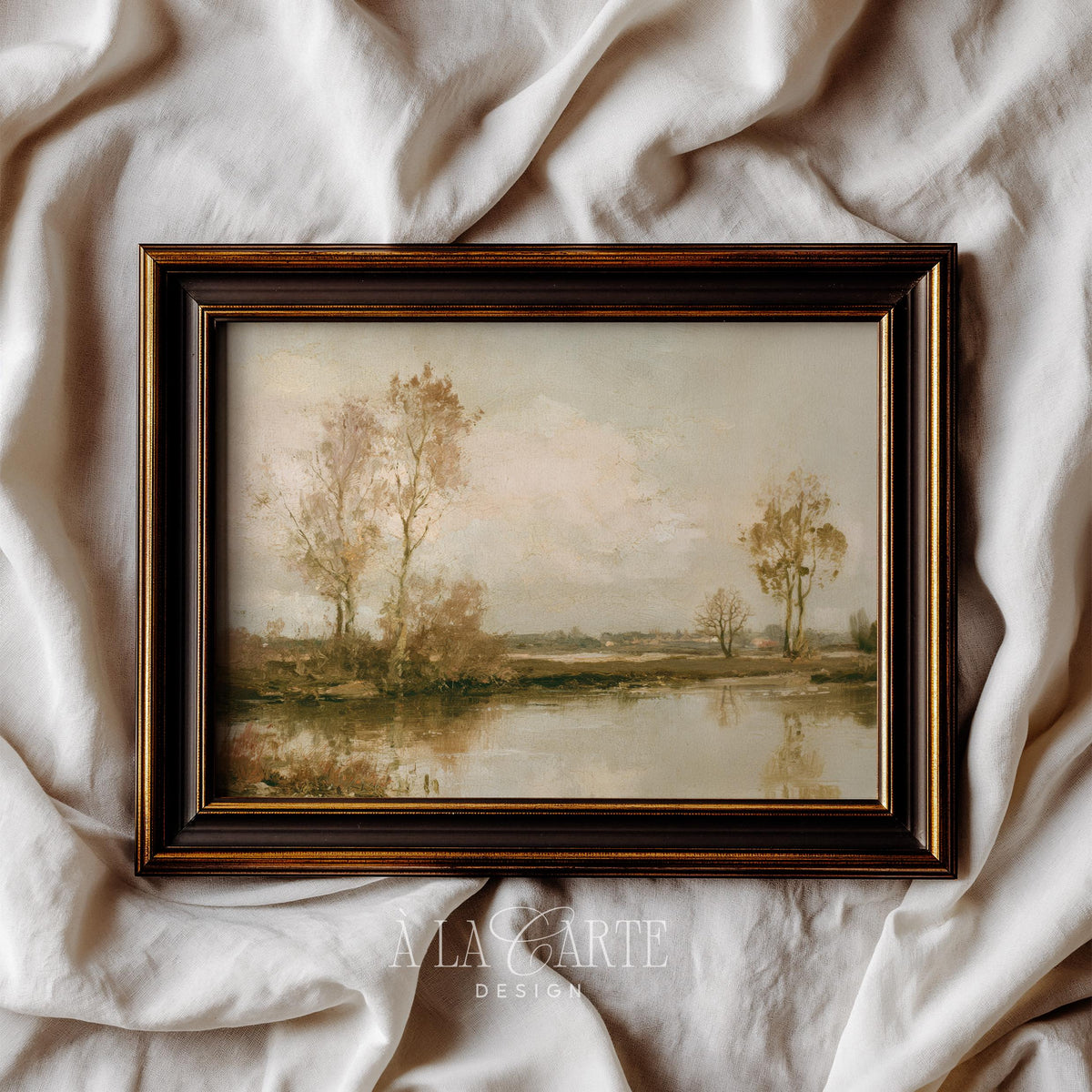 Autumn riverside landscape printable art for living room — vintage painting with golden trees and calm water reflections