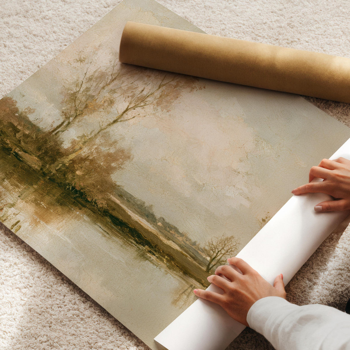 Bare tree waterway wall art featuring soft brushstrokes and moody countryside charm in warm amber tones