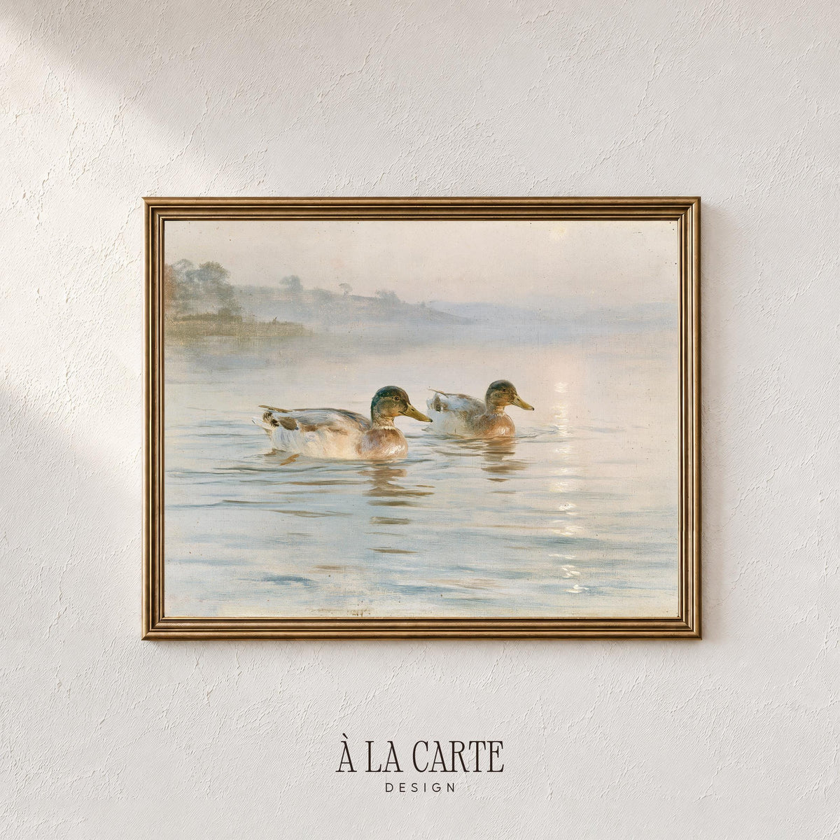 Mallard Ducks on Misty Lake Wall Art, Grandmillennial Decor, Vintage Nursery Printable, Pastel Birds Print, Farm Birds Painting H72