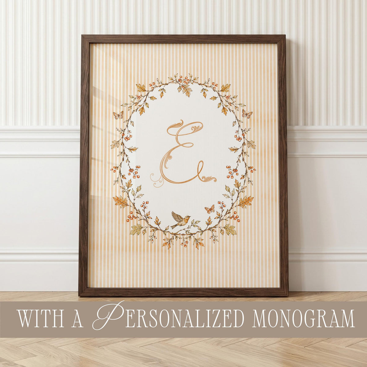 Personalized Woodland Nursery Wall Art Set of 16, Vintage Fall Cottagecore Baby Room Decor with Custom Monogram, Children’s Prints Bundle B1