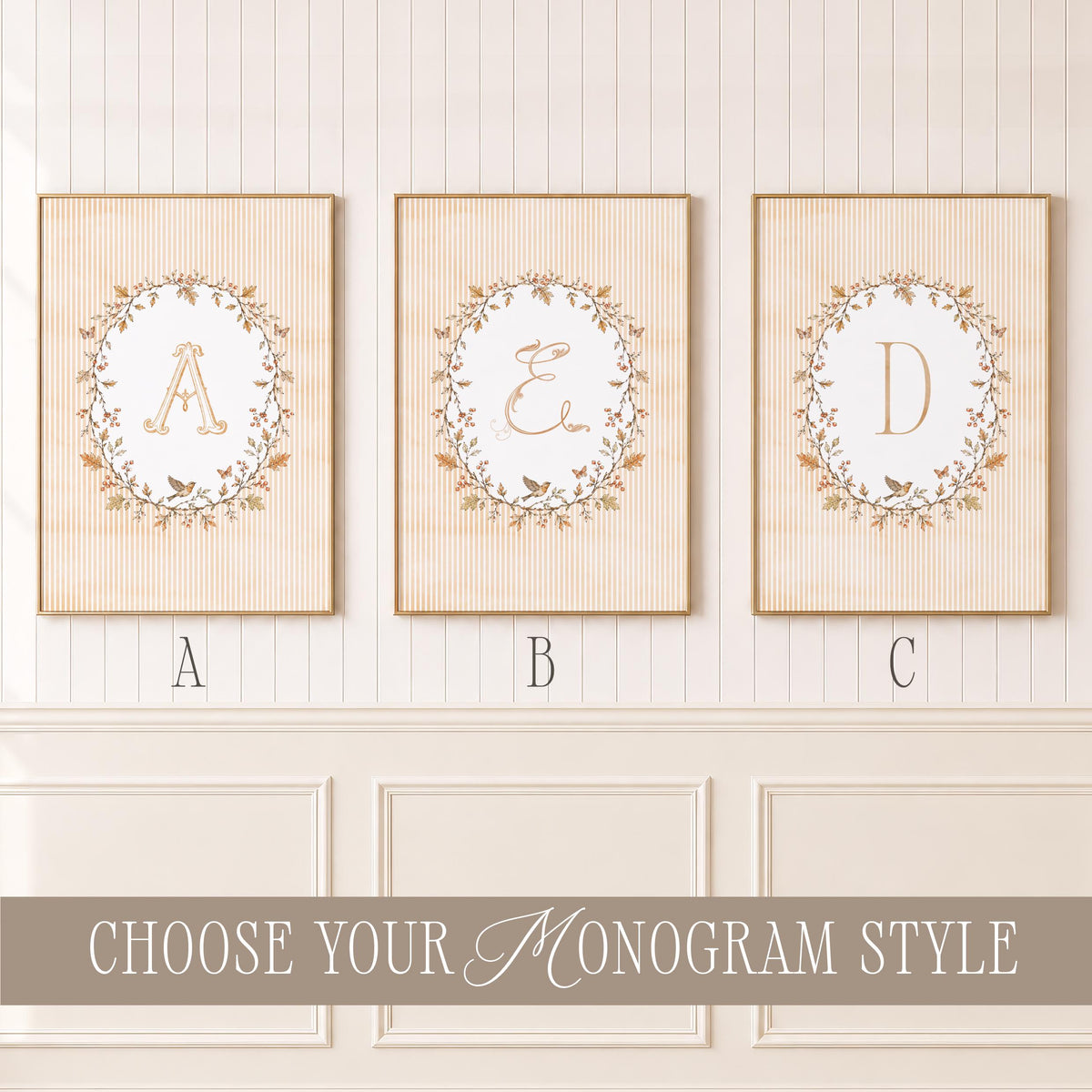 Personalized Woodland Nursery Wall Art Set of 16, Vintage Fall Cottagecore Baby Room Decor with Custom Monogram, Children’s Prints Bundle B1