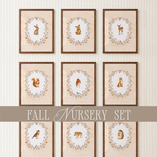 Woodland Nursery Wall Art Set of 15, Vintage Fall Cottagecore, Autumn Baby Room Decor, Watercolor Animal Prints Bundle B1a