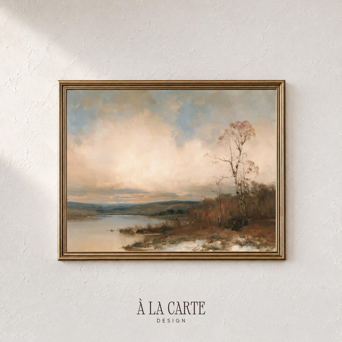 Quiet autumn shoreline poster for entryway — vintage-style painting with atmospheric countryside mood