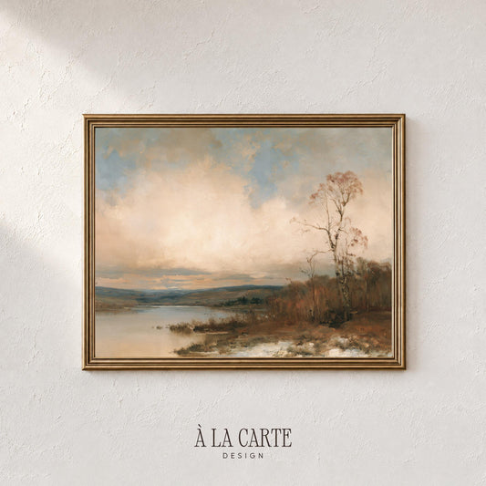 Quiet autumn shoreline poster for entryway — vintage-style painting with atmospheric countryside mood