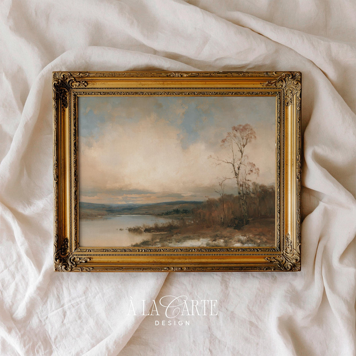 Tranquil water scene picture for farmhouse — rustic painting with leafless branches and hazy horizon