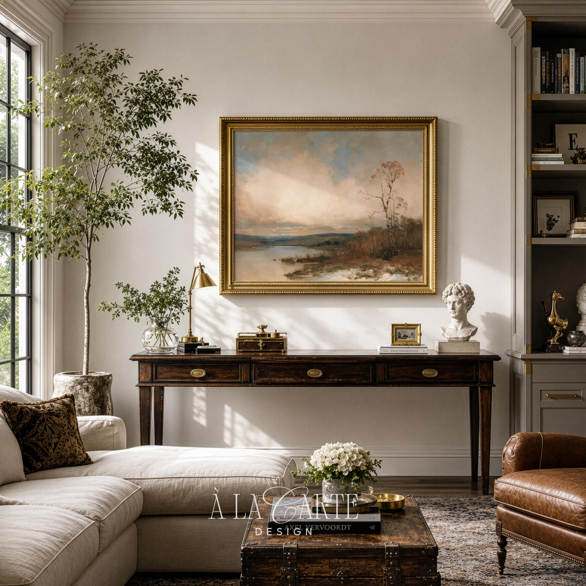 Misty fall hillside wall print for living room — vintage aesthetic with muted color palette and rustic charm