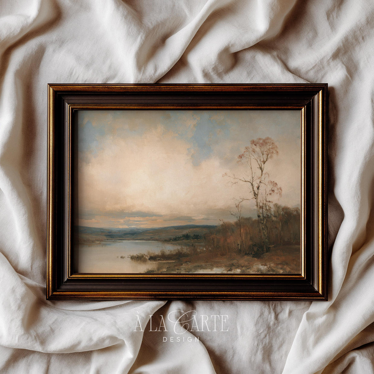 Still pond landscape art for den — cozy autumn scene with rolling hills and soft cloud-filled sky