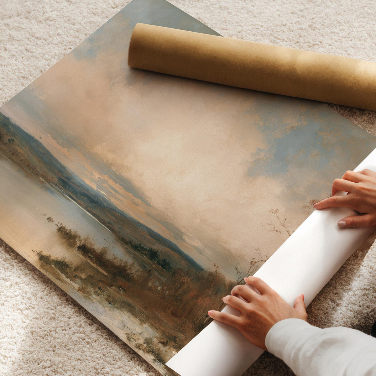 Vintage countryside printable for gallery wall — moody seasonal artwork with golden and cream palette