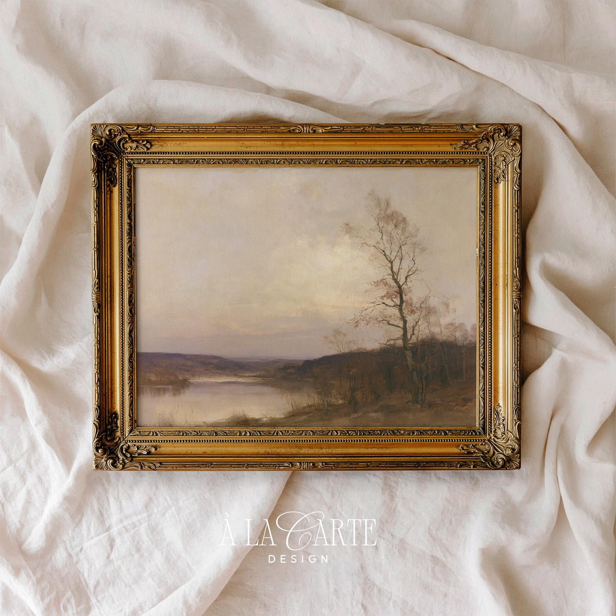 Misty hillside autumn poster digital print for bedroom — quiet nature artwork with muted golds, browns, and grays