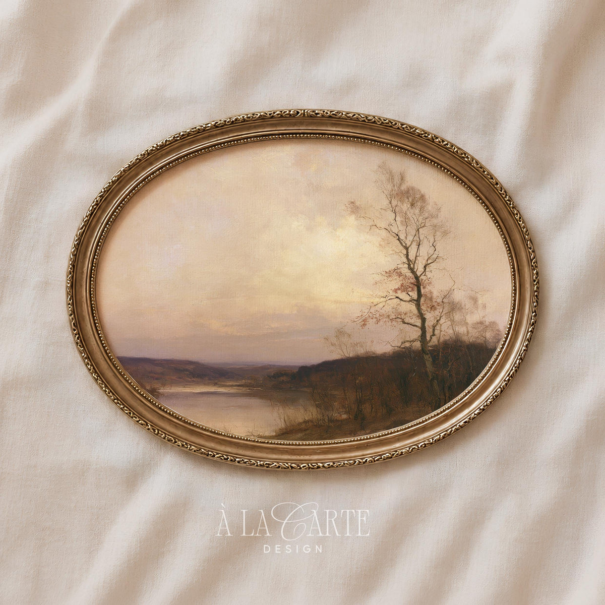 Farmhouse countryside river artwork printable for gallery wall — vintage rustic aesthetic with serene lakeside composition