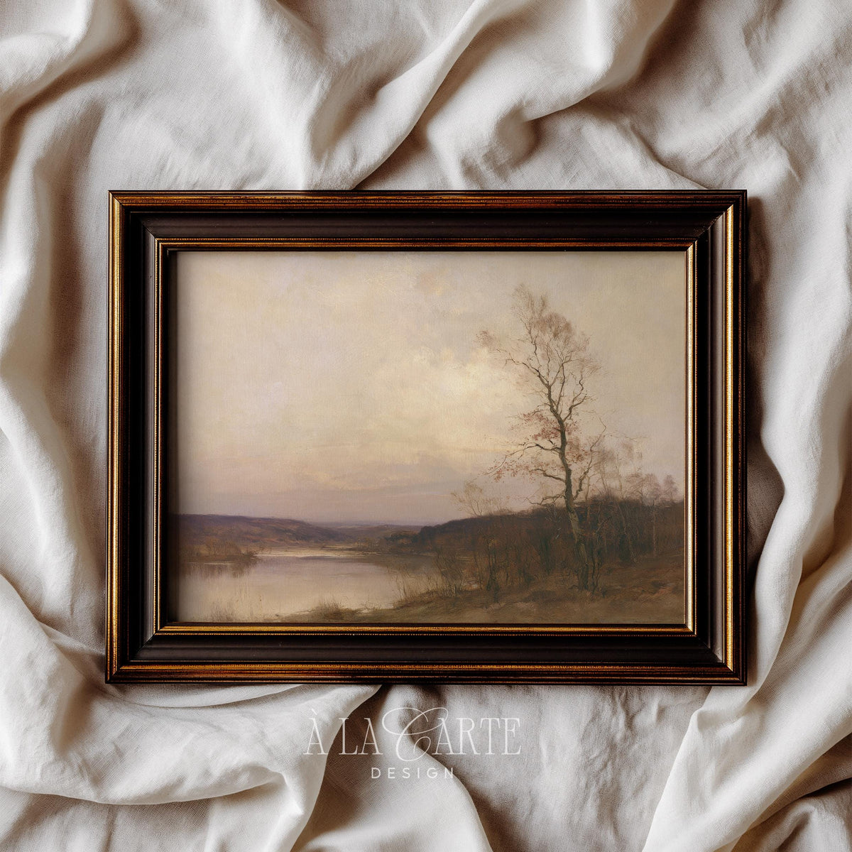 Vintage autumn scenery wall art print for entryway — tranquil riverside with soft brushwork and warm neutral palette
