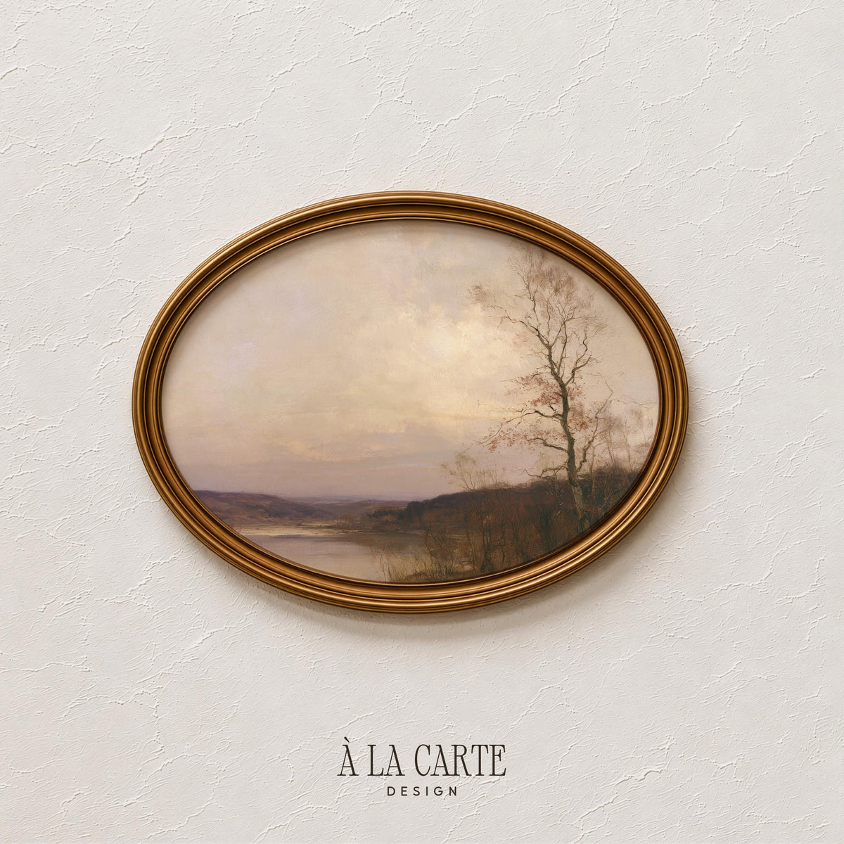 Traditional landscape picture printable art for entryway — tranquil countryside with golden trees, rolling terrain, and hazy atmosphere