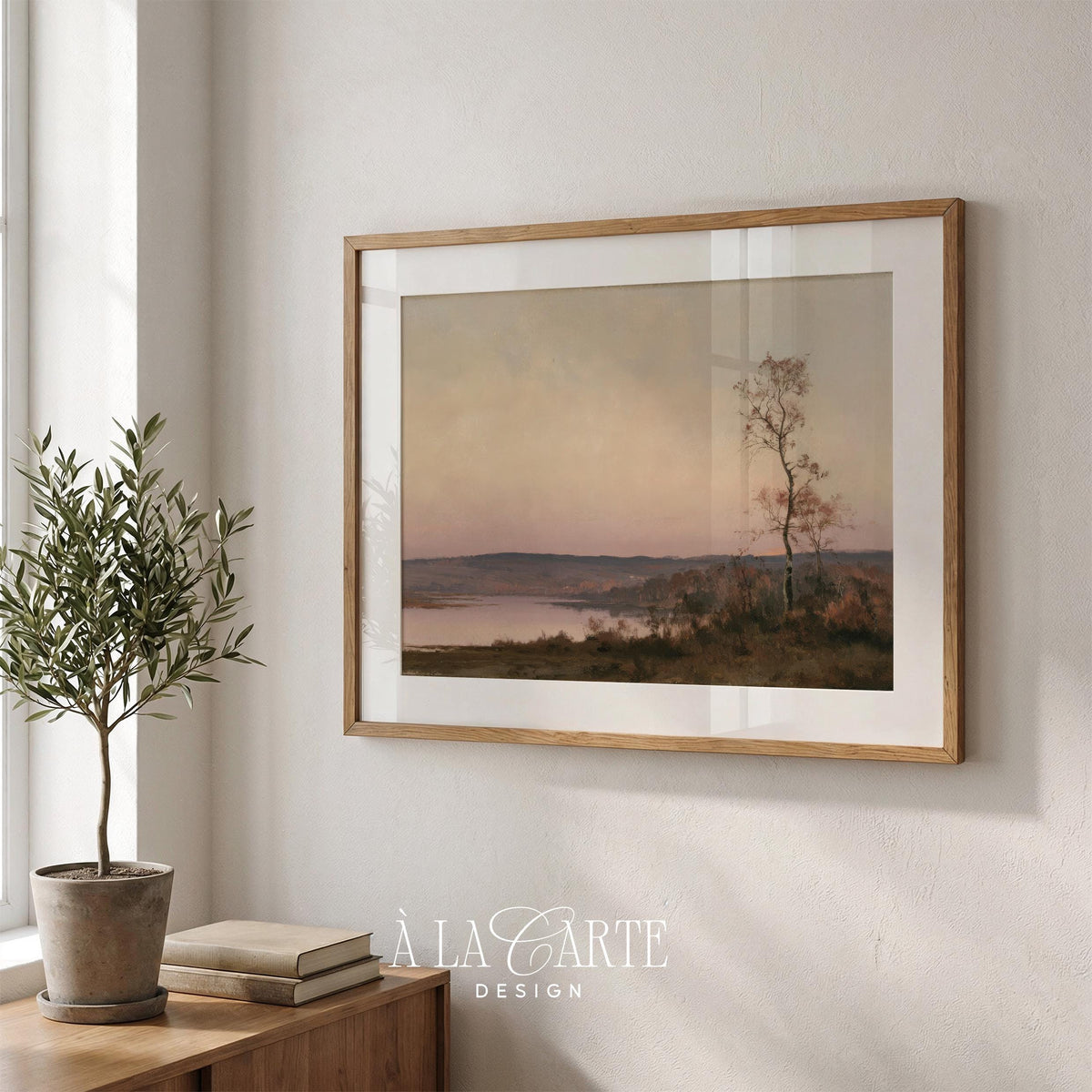 Moody countryside artwork digital print for living room — peaceful hillside scene in blush and gold hues