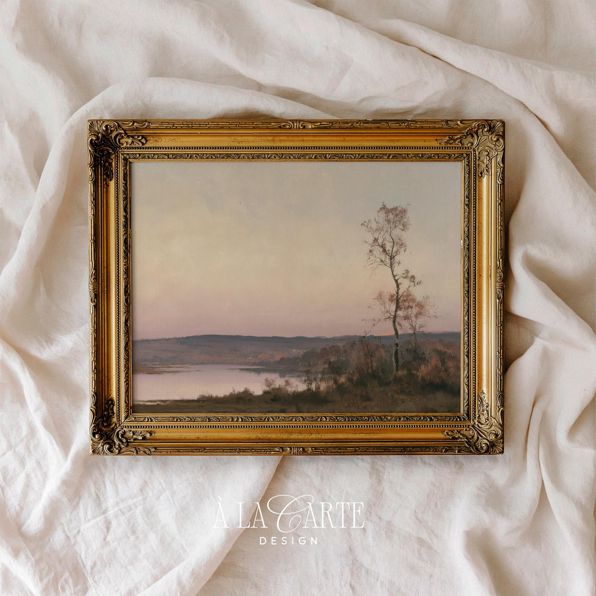 Vintage-inspired fall landscape printable for bedroom — cozy twilight mood with muted pastel palette