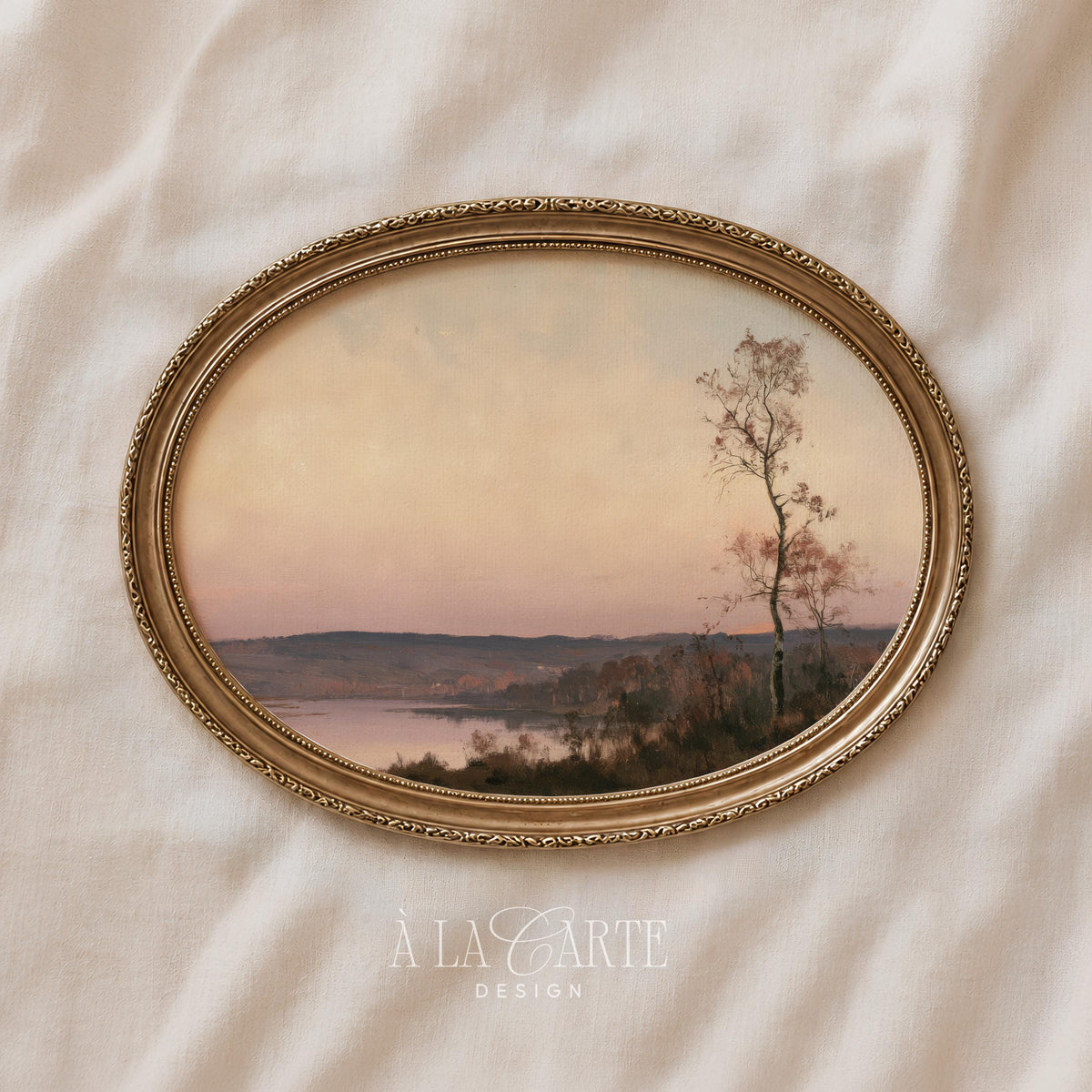 Tranquil forest lake picture for gallery wall — romantic sunset glow with delicate brushwork aesthetic