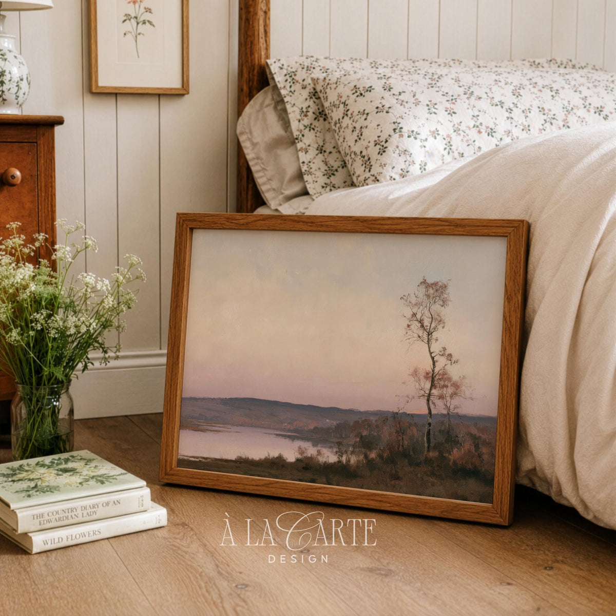 Serene water reflection poster featuring solitary birch — soft romantic painting for peaceful spaces