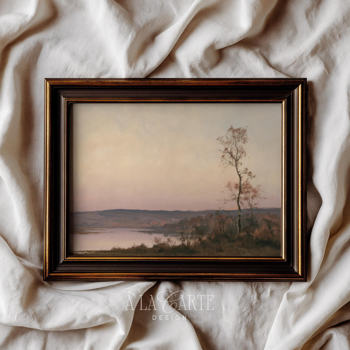 Cottagecore forest landscape poster — tranquil water's edge with romantic muted color palette