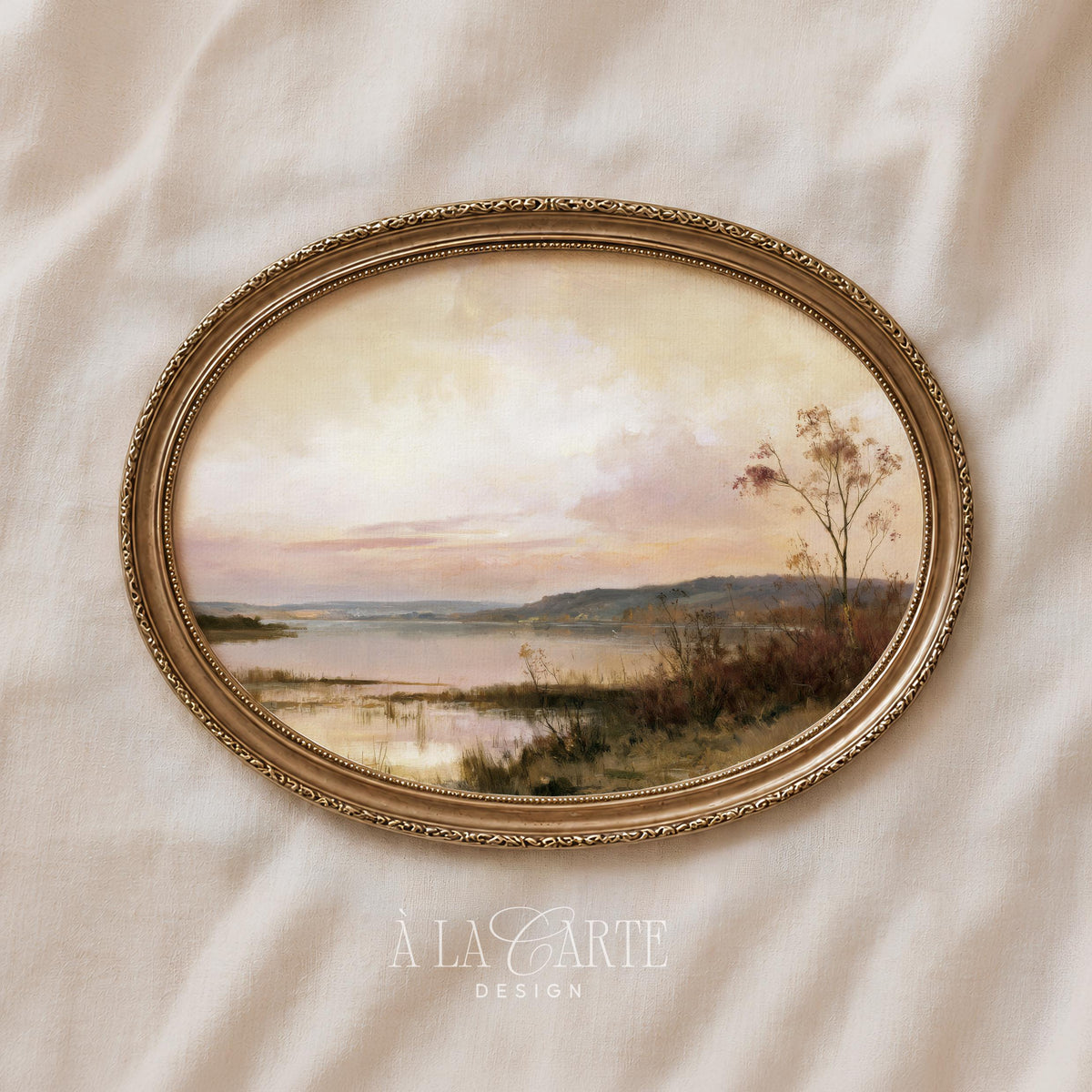 Shoreline with autumn tree digital print for living room — peaceful rustic fall scene with warm neutral tones