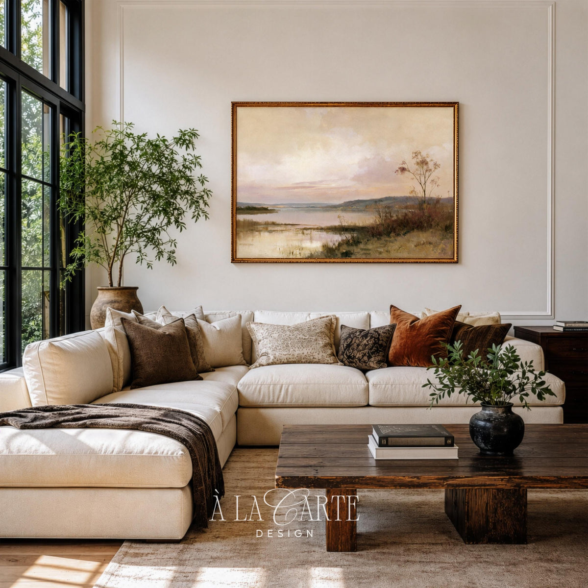 Peaceful autumn lake print for living room — understated vintage aesthetic with muted gold and blush hues