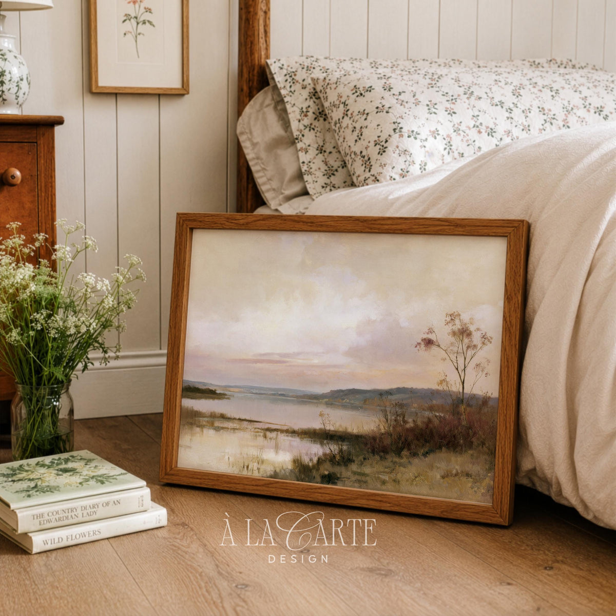 Peaceful nature painting printable art for bedroom — warm autumn hues with lone tree silhouette