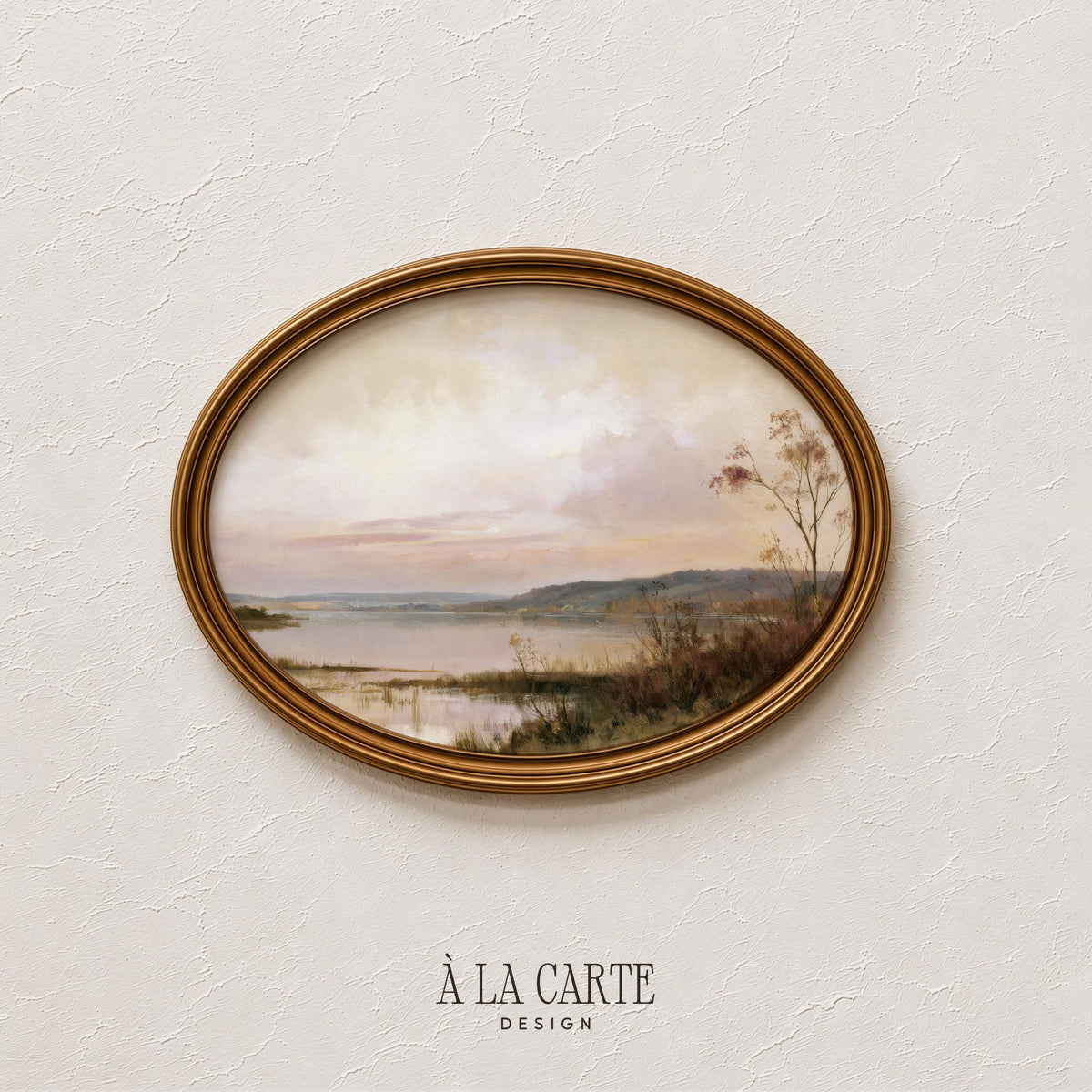 Quiet countryside landscape poster for gallery wall — soft impressionistic water and hill composition