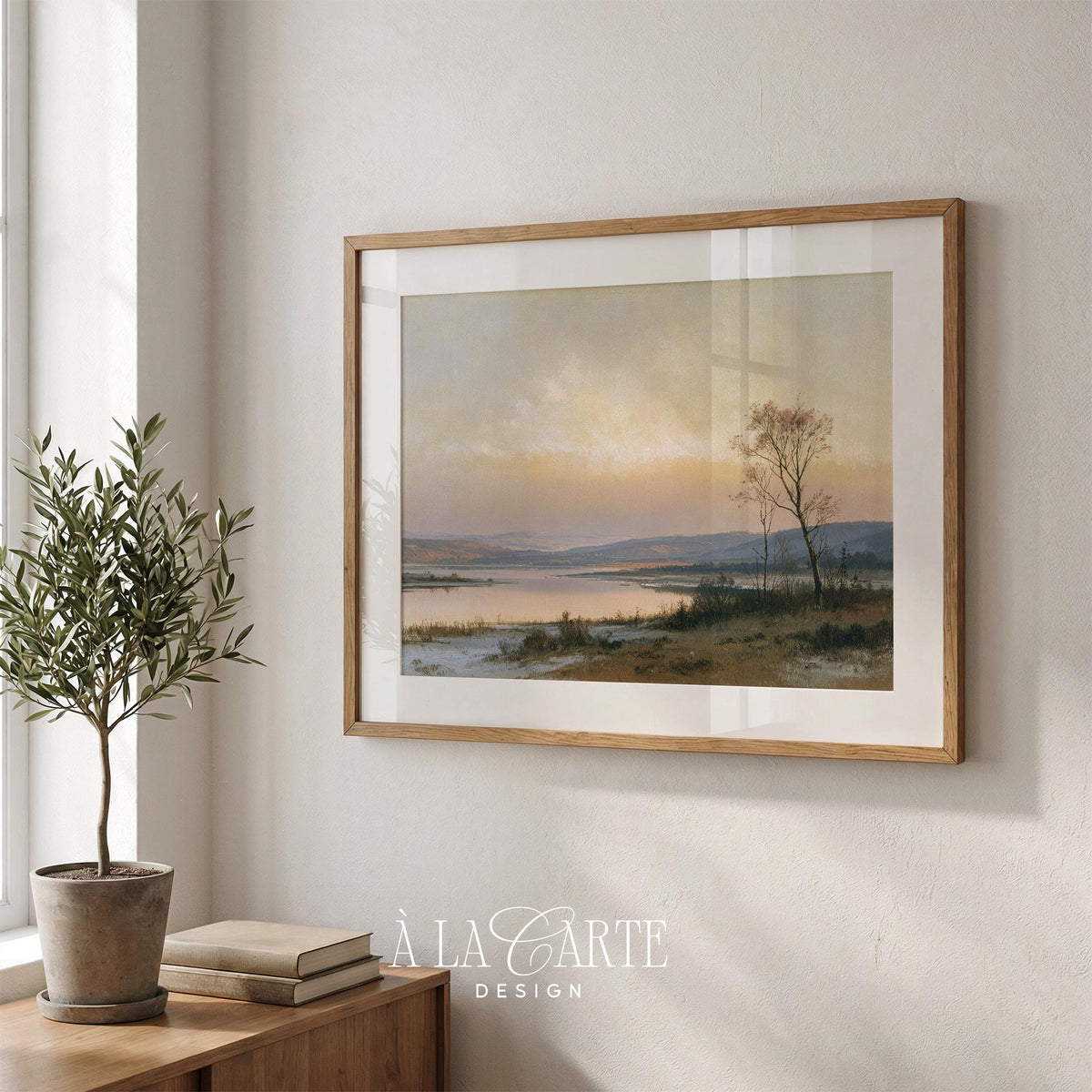 Autumn river landscape printable art for bedroom — vintage countryside scene with muted gold and dusty blue tones