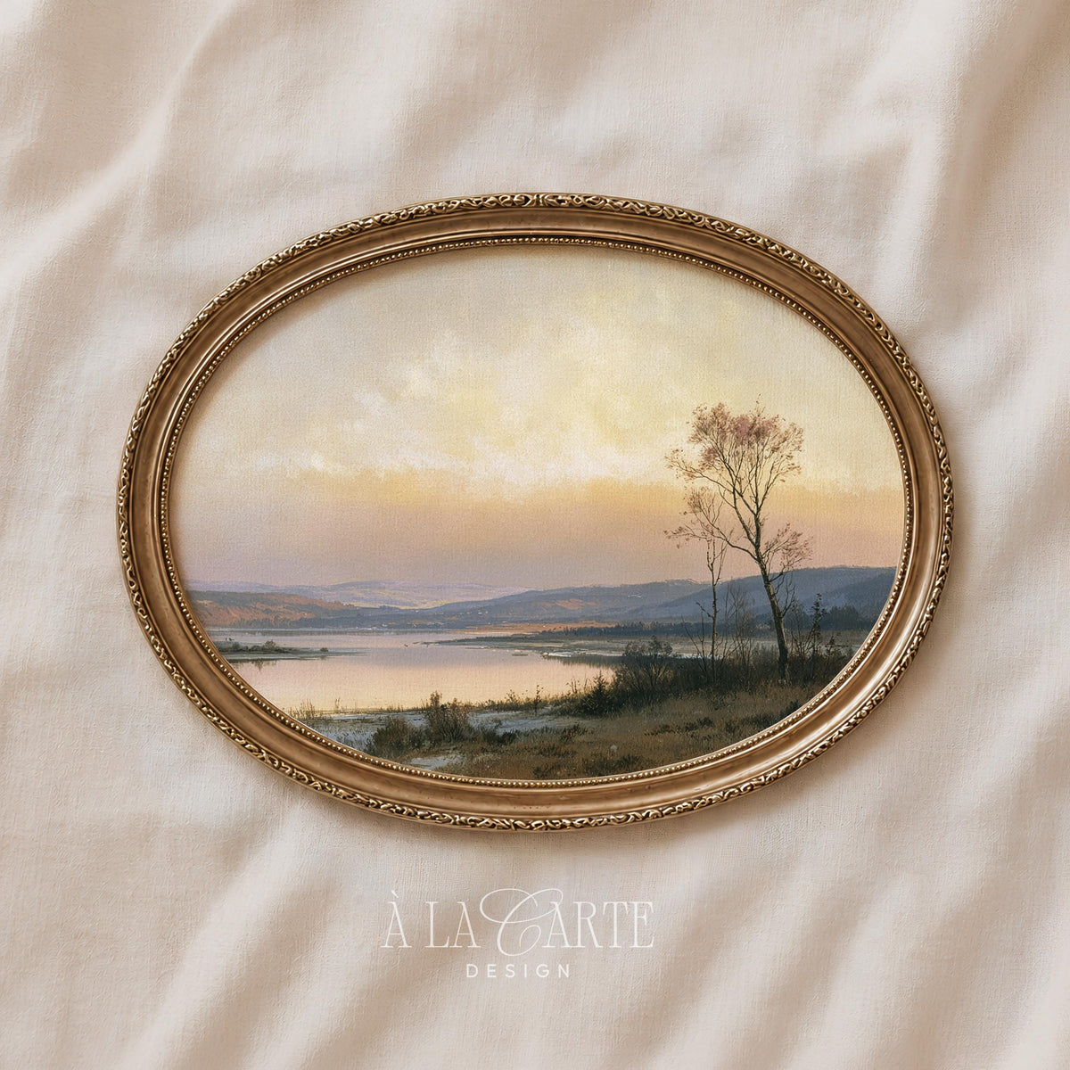 Serene fall landscape picture printable for gallery wall — blush and blue tones with quiet countryside mood