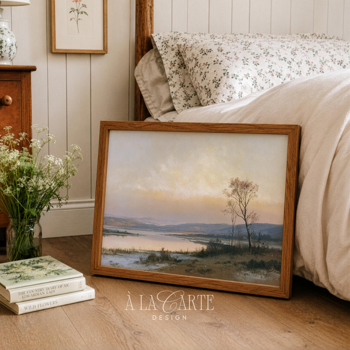 Quiet countryside wall art print for living spaces — serene autumn trees, gentle water, and soft romantic palette