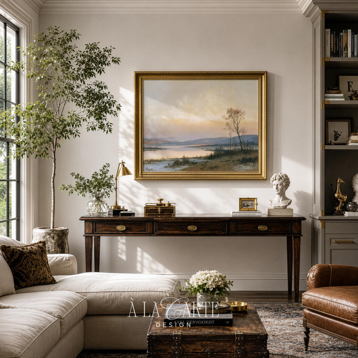 Peaceful autumn lakeside picture for home office — serene landscape with wild grasses and golden hour glow