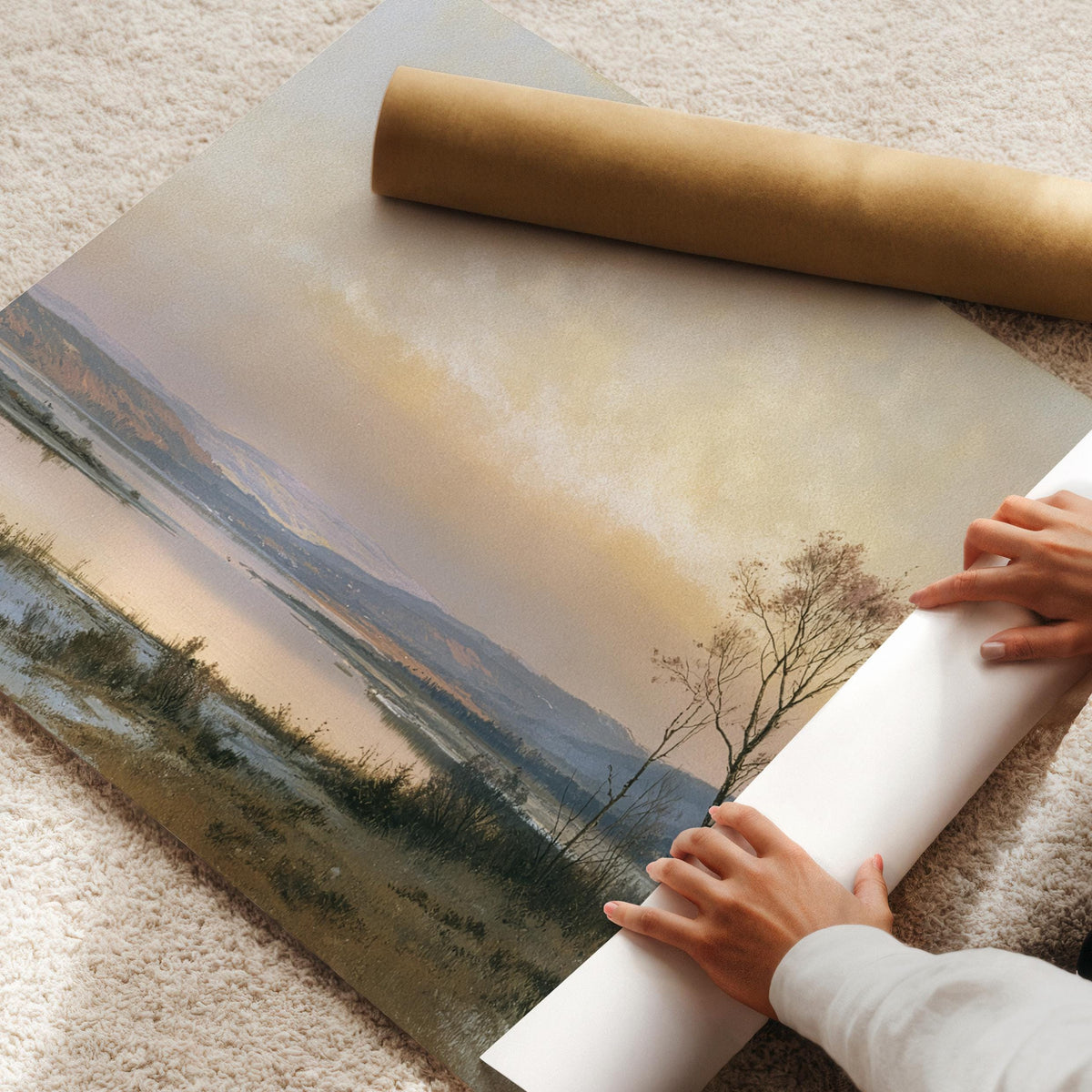 Fall tree by water wall art for living room — serene pastoral painting with soft glowing sky and rustic charm