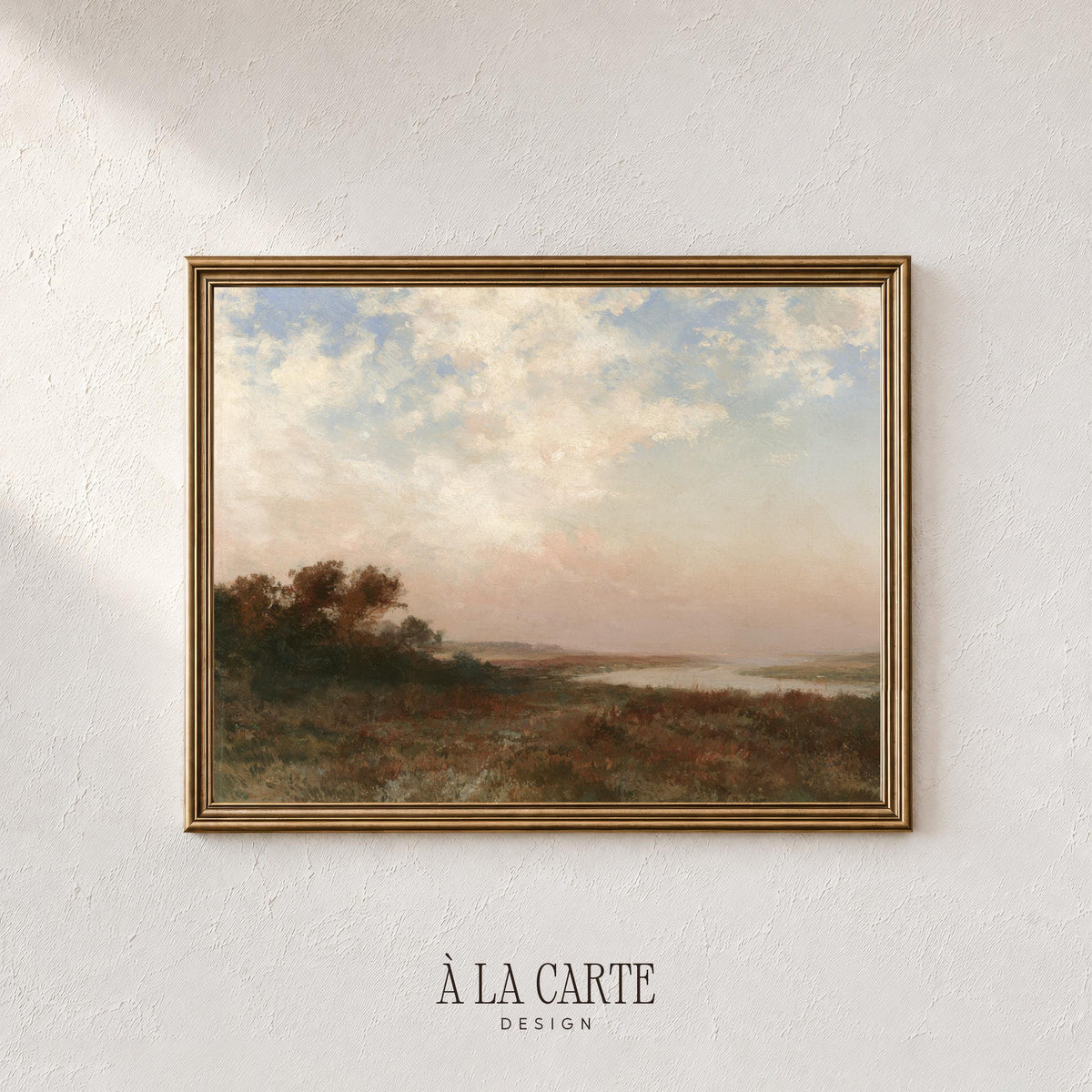 Moody lake landscape printable art for bedroom — soft brushwork with hazy morning light and rolling terrain