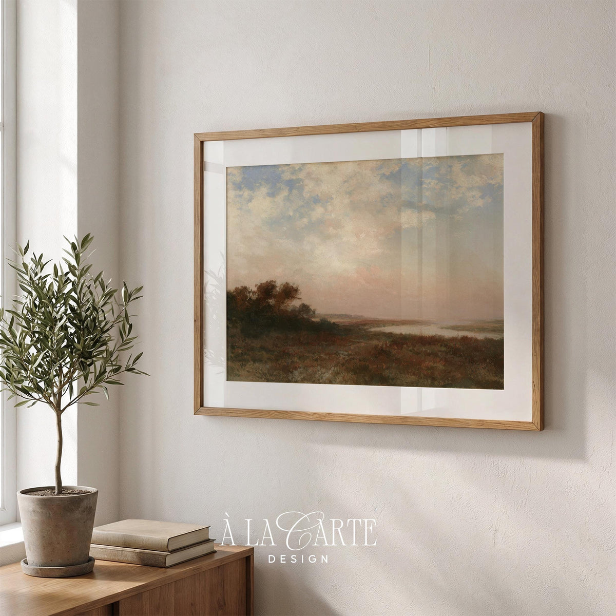 Vintage countryside landscape painting wall art — serene riverside scene with muted pink and blue tones