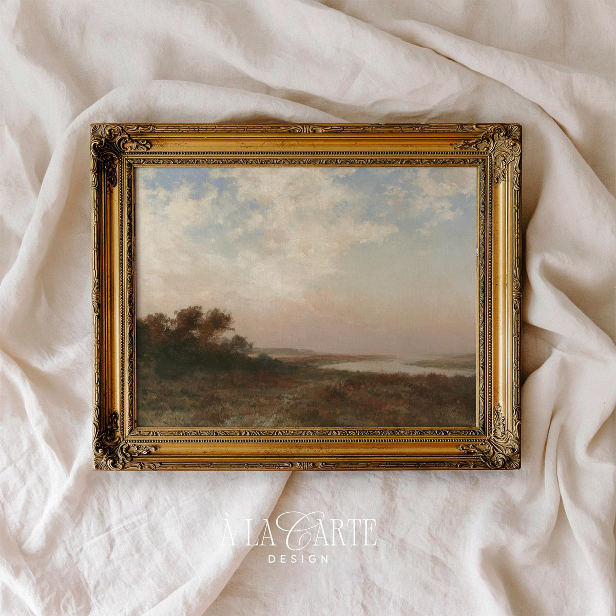Antique pastoral scene poster featuring winding water and misty horizon in earthy golden hues