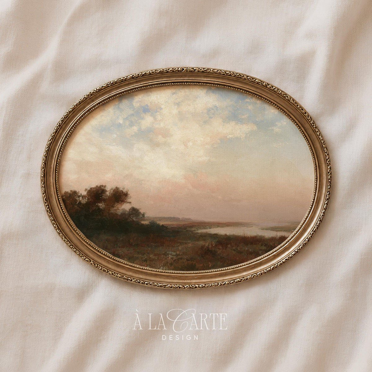 Moody autumn countryside digital print — peaceful lakeside scene with muted color palette and early morning ambiance