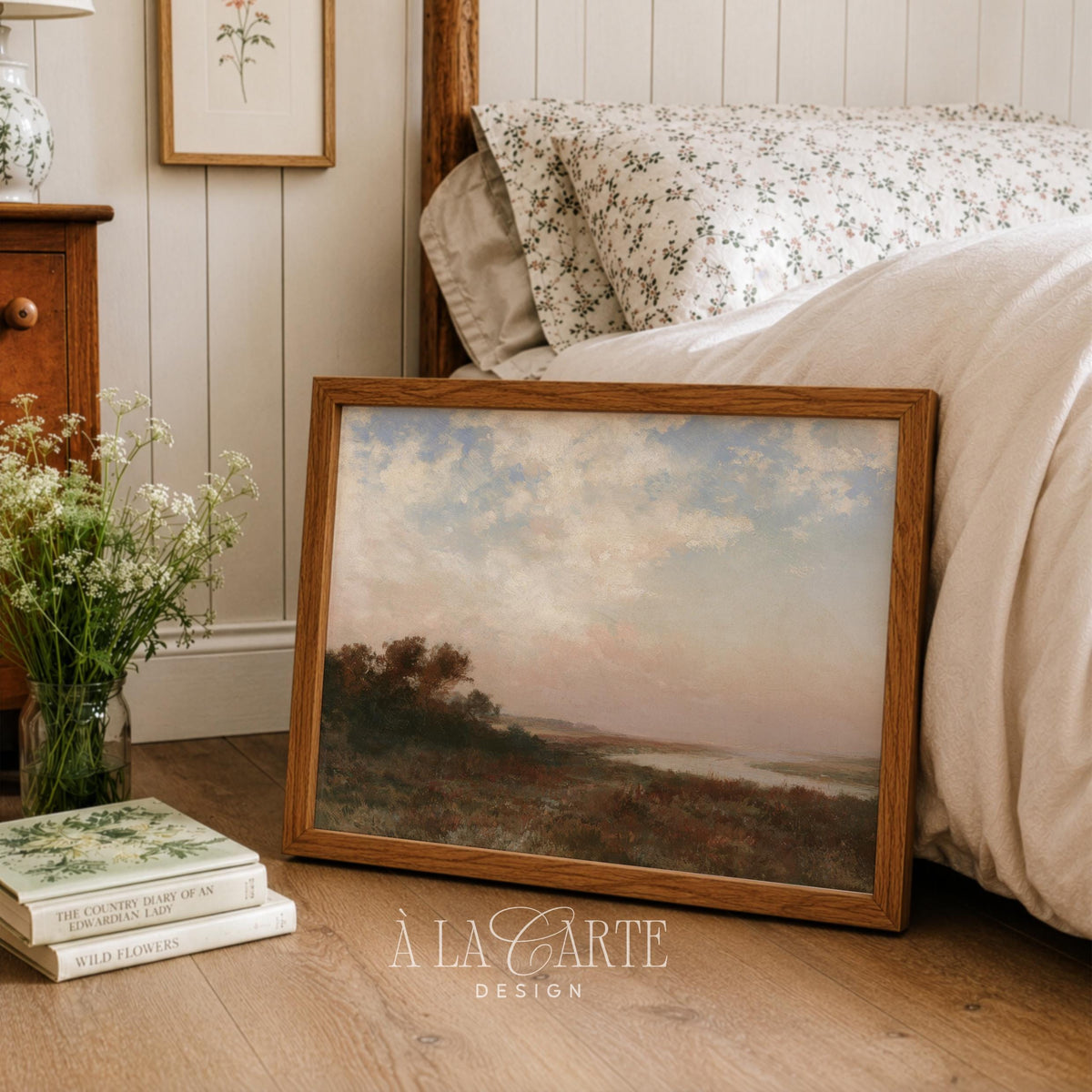 Peaceful countryside scene wall art — vintage aesthetic with hazy horizon, textured brushwork, and serene water views