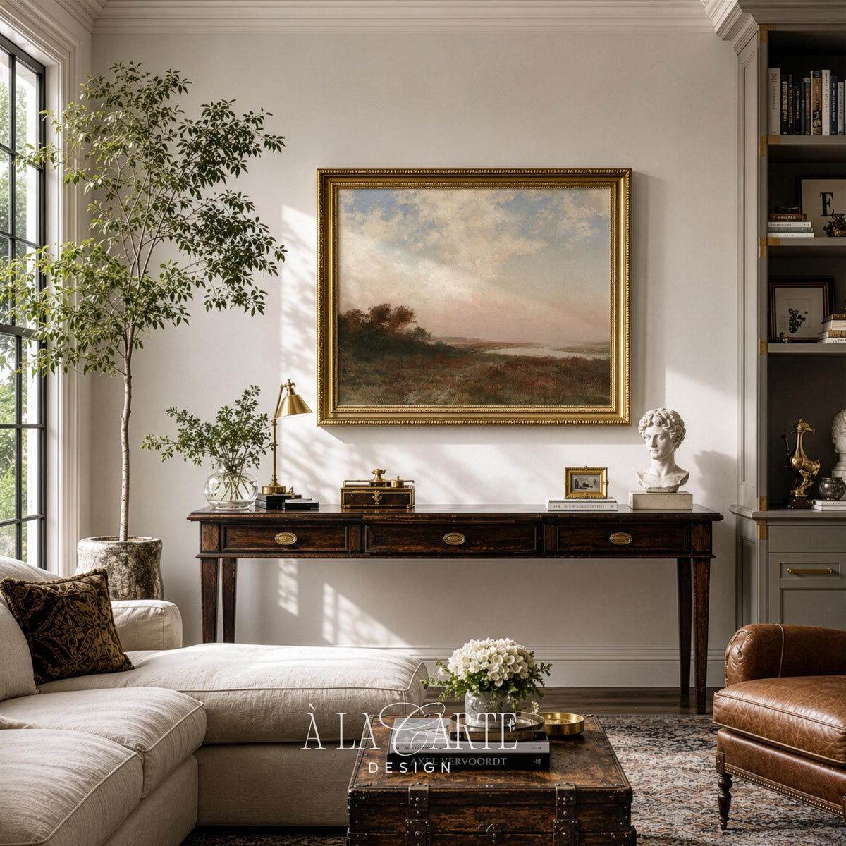 Cottagecore landscape wall art for farmhouse décor — serene pastoral vista with foreground grasses and wild shrubs