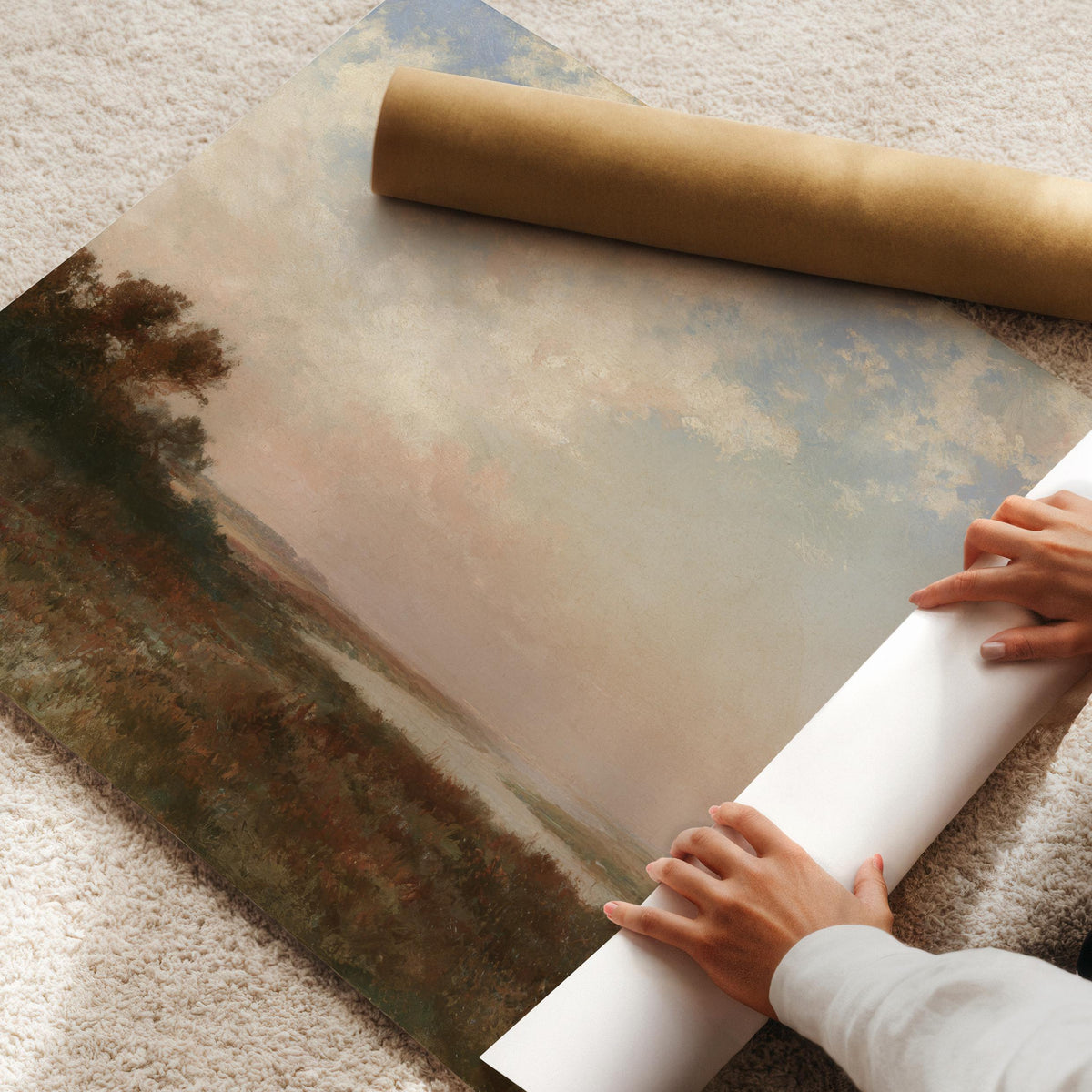 Rustic countryside lake painting print for entryway — warm golden tones blended with cool muted blues throughout